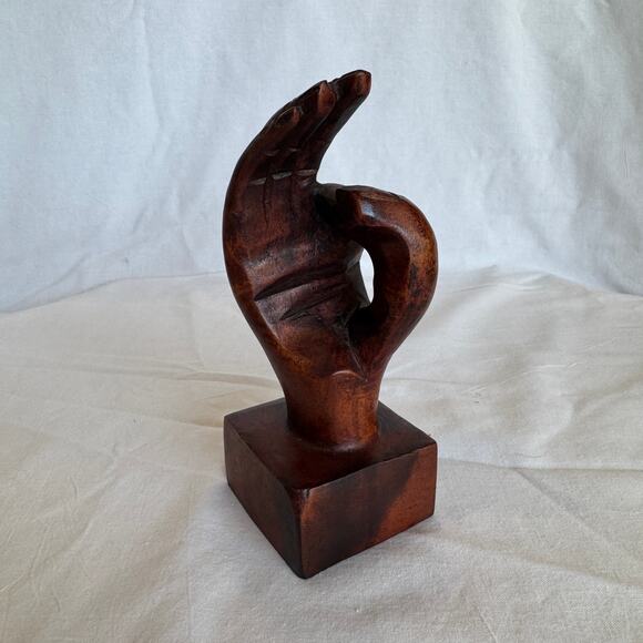 Vintage Walnut Sculpture Hand Symbol OK Gesture Quirky Art - Picture 1 of 9
